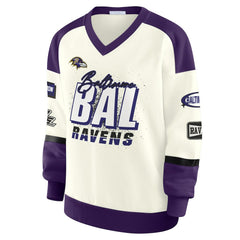 Baltimore Ravens WEAR by Erin Andrews Women's Racing Crew V-Neck Sweatshirt Cream - NFL