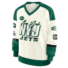 New York Jets WEAR by Erin Andrews Women's Racing Crew V-Neck Sweatshirt Cream - NFL