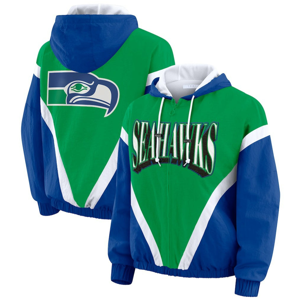 Seattle Seahawks WEAR by Erin Andrews Women's Plus Size Retro Crinkle Full-Zip Hoodie Windbreaker Jacket Kelly Green/Royal - NFL