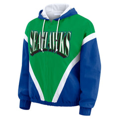 Seattle Seahawks WEAR by Erin Andrews Women's Plus Size Retro Crinkle Full-Zip Hoodie Windbreaker Jacket Kelly Green/Royal - NFL