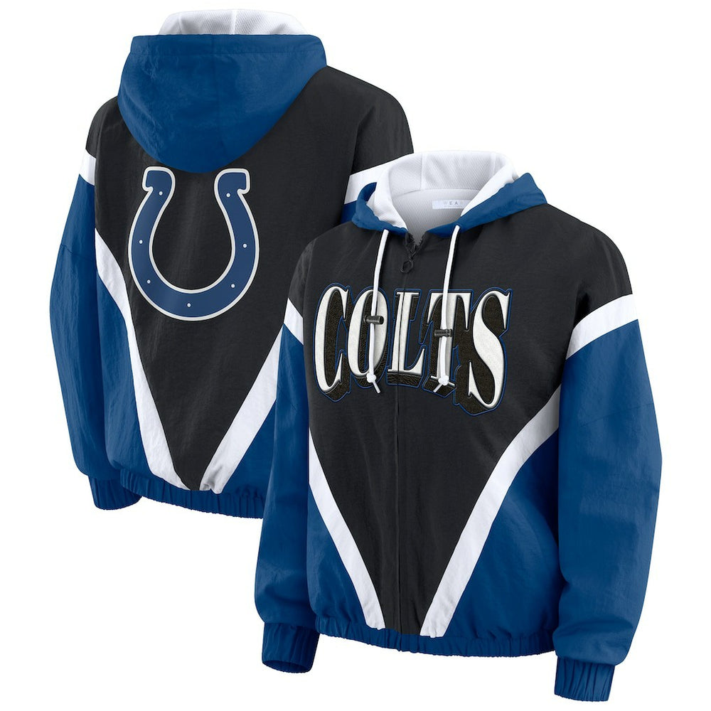 Indianapolis Colts WEAR by Erin Andrews Women's Plus Size Retro Crinkle Full-Zip Hoodie Windbreaker Jacket Black/Royal - NFL