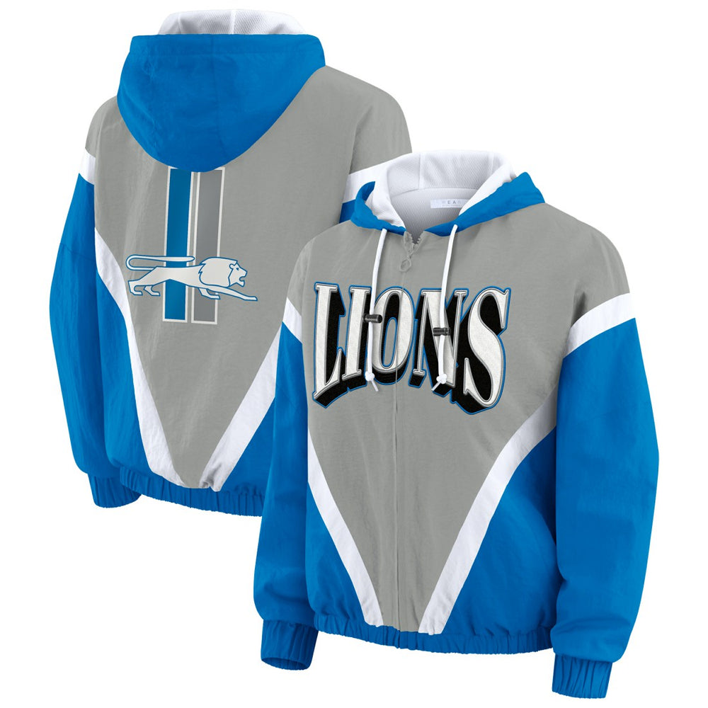 Detroit Lions WEAR by Erin Andrews Women's Plus Size Retro Crinkle Full-Zip Hoodie Windbreaker Jacket Blue/Gray - NFL