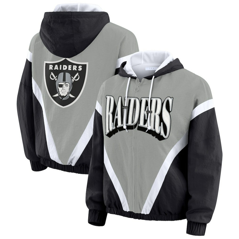 Las Vegas Raiders WEAR by Erin Andrews Women's Plus Size Retro Crinkle Full-Zip Hoodie Windbreaker Jacket Black/Gray - NFL