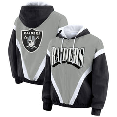 Las Vegas Raiders WEAR by Erin Andrews Women's Plus Size Retro Crinkle Full-Zip Hoodie Windbreaker Jacket Black/Gray - NFL
