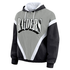 Las Vegas Raiders WEAR by Erin Andrews Women's Plus Size Retro Crinkle Full-Zip Hoodie Windbreaker Jacket Black/Gray - NFL