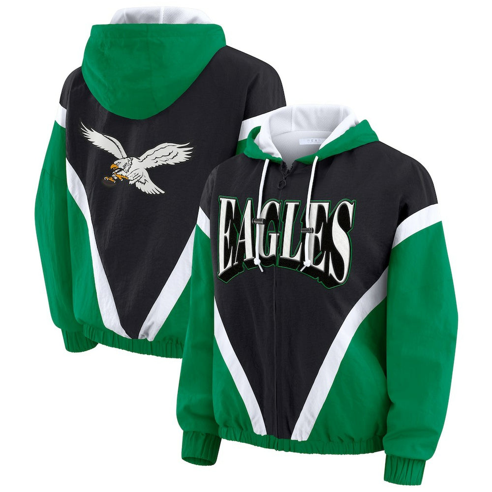 Philadelphia Eagles WEAR by Erin Andrews Women's Plus Size Retro Crinkle Full-Zip Hoodie Windbreaker Jacket Kelly Green/Black - NFL