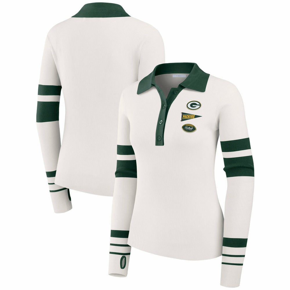 Green Bay Packers WEAR by Erin Andrews Women's Ribbed Henley Polo Sweater White - NFL