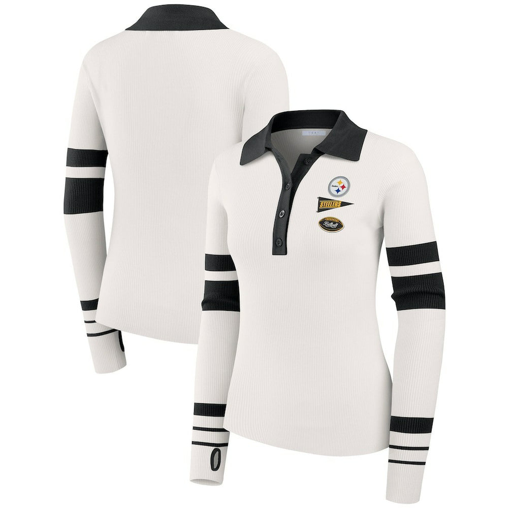 Pittsburgh Steelers WEAR by Erin Andrews Women's Ribbed Henley Polo Sweater White - NFL