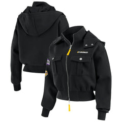 Minnesota Vikings WEAR by Erin Andrews Women's Tri-Blend Patch Pocket Cropped Full-Zip Bomber Hoodie Jacket Black - NFL
