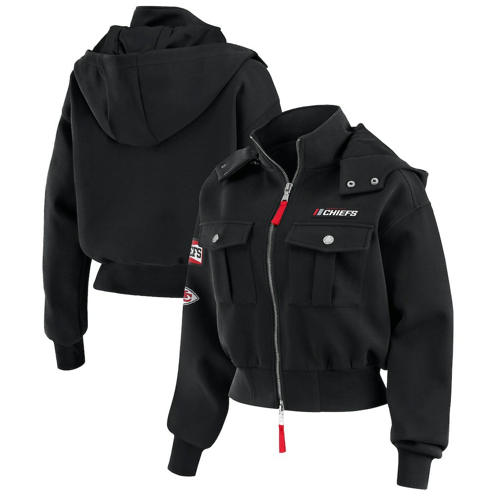 Kansas City Chiefs WEAR by Erin Andrews Women's Tri-Blend Patch Pocket Cropped Full-Zip Bomber Hoodie Jacket Black - NFL