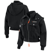 Cincinnati Bengals WEAR by Erin Andrews Women's Tri-Blend Patch Pocket Cropped Full-Zip Bomber Hoodie Jacket Black - NFL