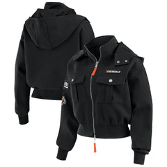Cincinnati Bengals WEAR by Erin Andrews Women's Tri-Blend Patch Pocket Cropped Full-Zip Bomber Hoodie Jacket Black - NFL