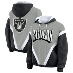 Las Vegas Raiders WEAR by Erin Andrews Women's Retro Crinkle Full-Zip Hoodie Windbreaker Black/Silver - NFL