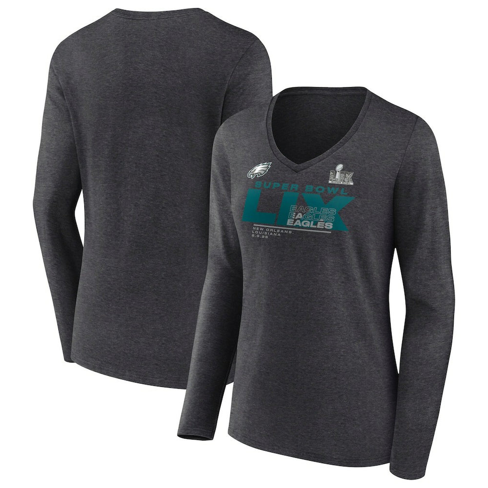 Philadelphia Eagles Women's Super Bowl LIX Quick Pass Long Sleeve V-Neck T-Shirt Heather Charcoal - Fanatics