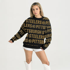Pittsburgh Steelers Gameday Couture Women's Oversized Hype Era Rhinestone Text Sweatshirt Black - NFL