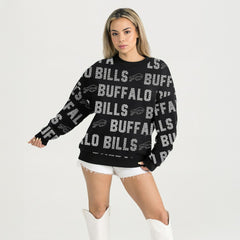 Buffalo Bills Gameday Couture Women's Oversized Hype Era Rhinestone Text Sweatshirt Black - NFL