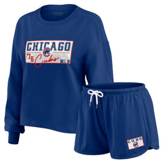 Chicago Cubs WEAR by Erin Andrews Women's Heavy Rugby Jersey Cropped Long Sleeve T-Shirt & Shorts Lounge Set for sale