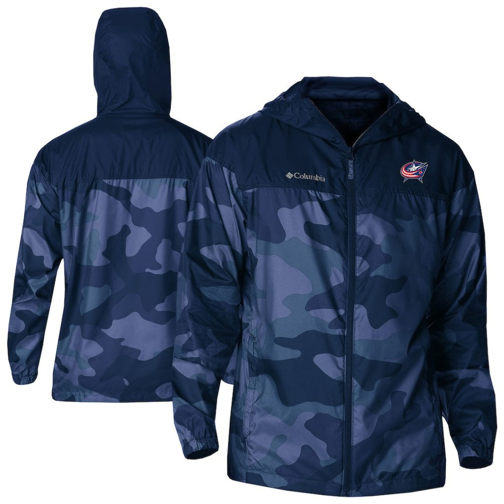 Columbus Blue Jackets - Columbia Camo Flash Challenger Omni-Shade Full-Zip Hoodie Windbreaker Navy