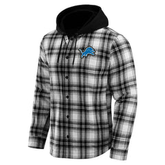 Detroit Lions NFL x Darius Rucker Collection Plaid Flannel Quilted Full-Snap Hooded Shacket Black - Fanatics