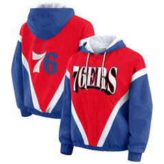 NBA - Philadelphia 76ers WEAR by Erin Andrews Women's Colorblock Full-Zip Hoodie Windbreaker Jacket - Red/Royal