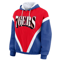 NBA - Philadelphia 76ers WEAR by Erin Andrews Women's Colorblock Full-Zip Hoodie Windbreaker Jacket - Red/Royal
