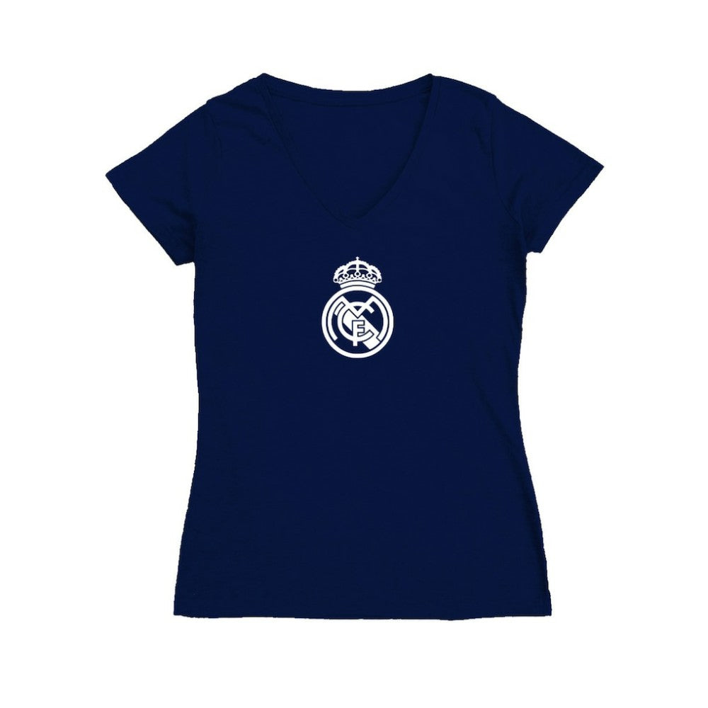 Real Madrid Vive La Fete Women's Color Badge V-Neck Fitted T-Shirts - Navy