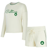 NBA - Boston Celtics Concepts Sport Women's Kaki Hacci Knit Long Sleeve Top & Shorts Set - Cream