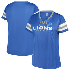 Detroit Lions Women's Plus Size Rhinestone Redzone Athena Lace-Up Notch Neck T-Shirt Blue - Fanatics