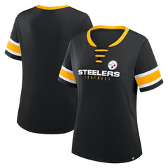 Pittsburgh Steelers Women's Plus Size Red Zone Athena Lace-Up V-Notch Neck T-Shirt Black - Fanatics