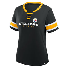 Pittsburgh Steelers Women's Plus Size Red Zone Athena Lace-Up V-Notch Neck T-Shirt Black - Fanatics