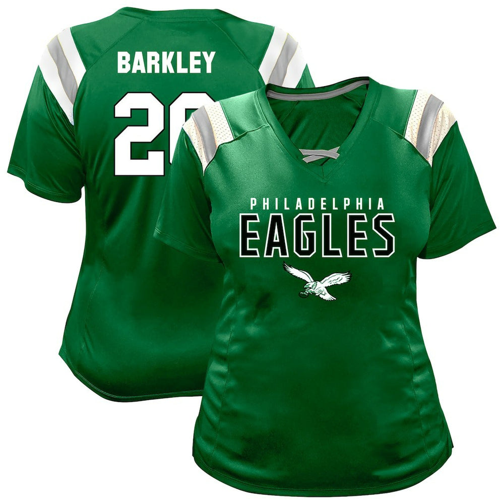 Saquon Barkley Philadelphia Eagles Women's Plus Size Name & Number Raglan Lace V-Neck T-Shirt Kelly Green - Fanatics