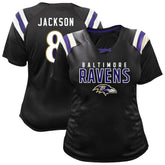 Lamar Jackson Baltimore Ravens Women's Plus Size Name & Number Raglan Lace V-Neck T-Shirt Black - Fanatics