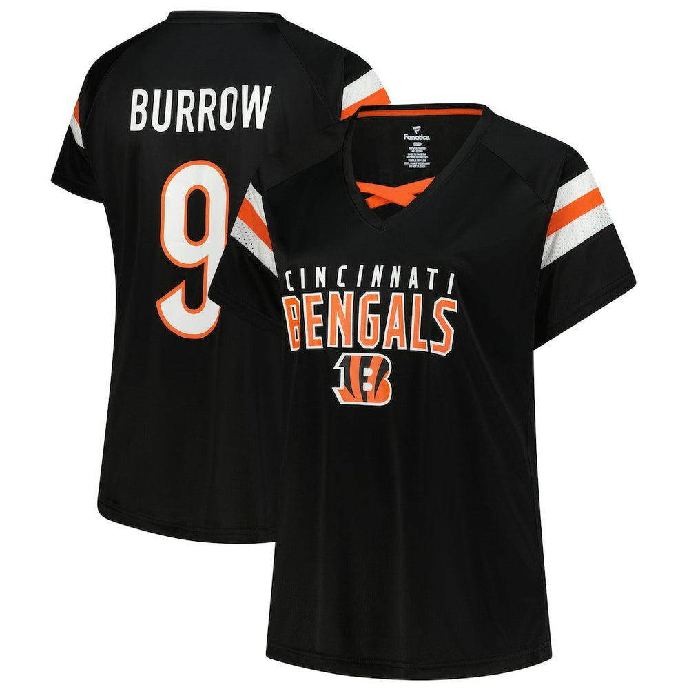 Joe Burrow Cincinnati Bengals Women's Plus Size Name & Number Raglan Lace V-Neck T-Shirt Black - Fanatics