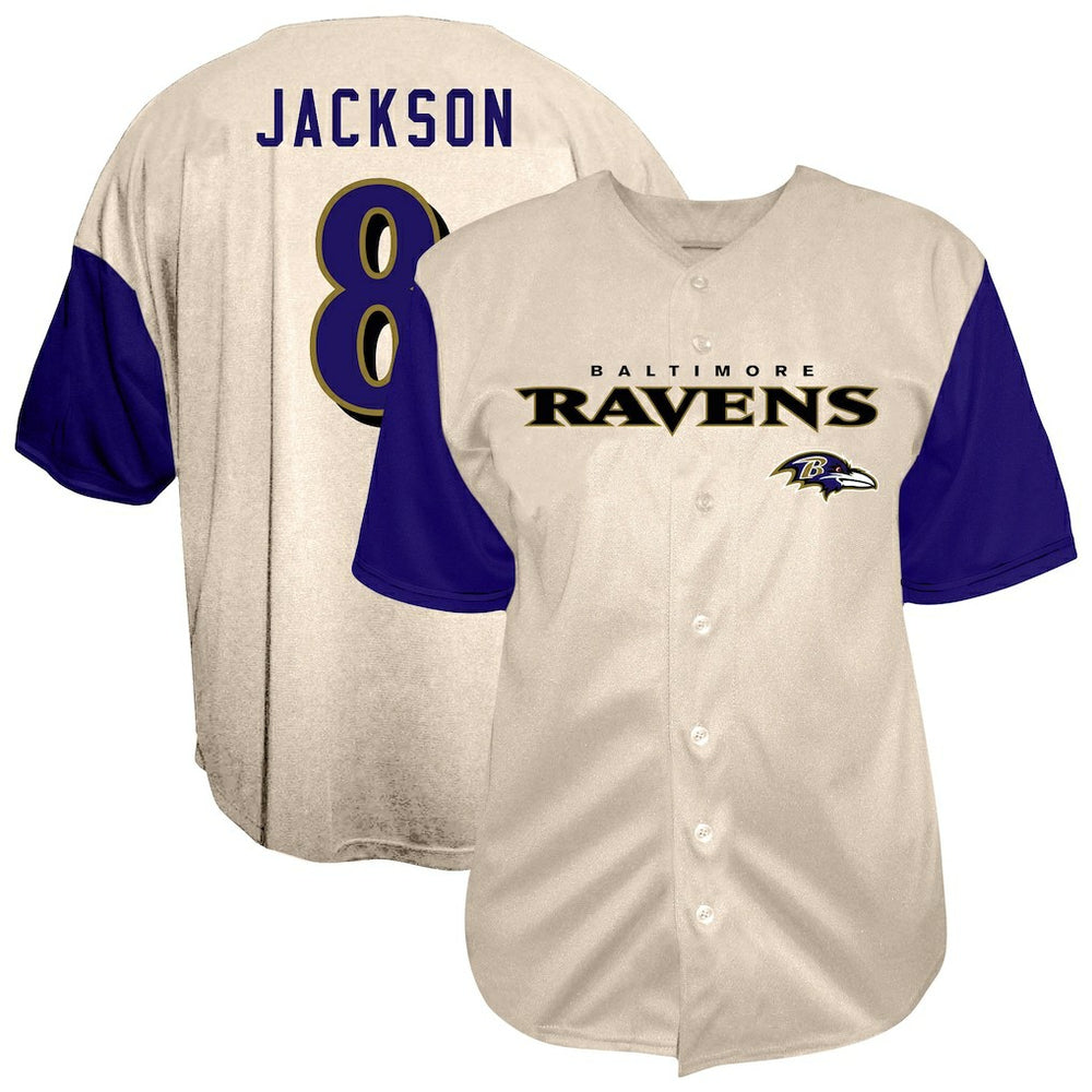 Lamar Jackson Baltimore Ravens Big & Tall Baseball Button-Up Shirt Cream - Fanatics