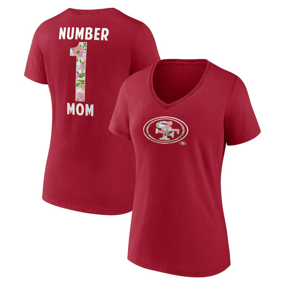 San Francisco 49ers Women's Number 1 Mom Floral V-Neck T-Shirt Scarlet - NFL