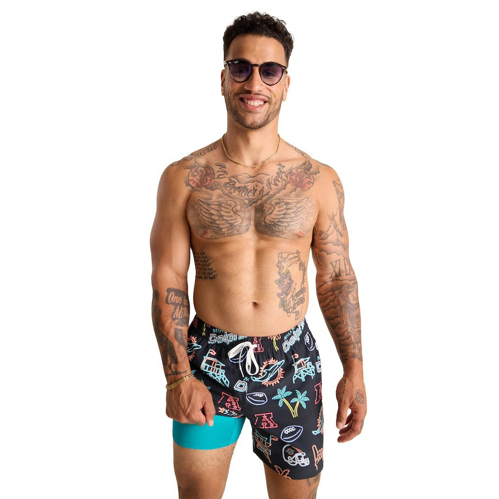Miami Dolphins Chubbies The Neon 5.5" Classic Lined Swim Trunks Black - NFL