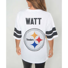 T.J. Watt Pittsburgh Steelers Cuce Women's Crystal V-Neck Tunic White - NFL