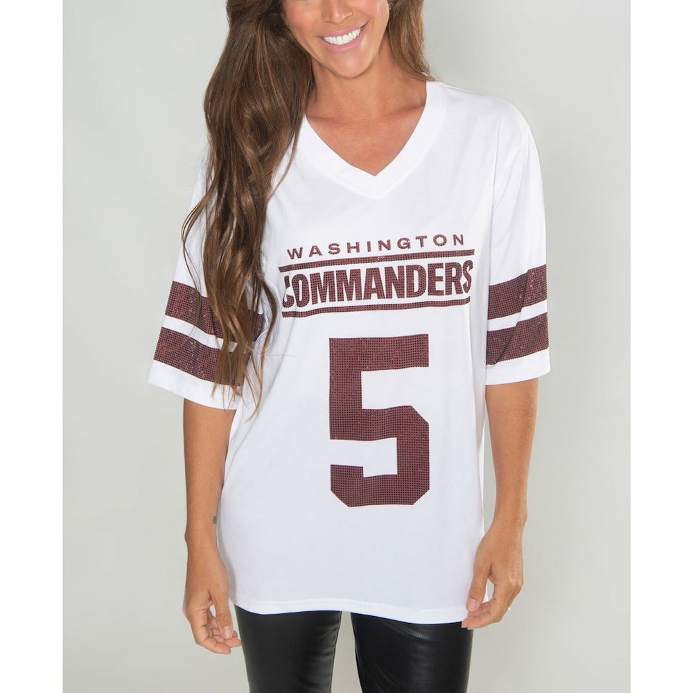 Jayden Daniels Washington Commanders Cuce Women's Crystal V-Neck Tunic White - NFL