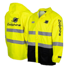 Miami Dolphins Hi-Vis Safety Waterproof Rainshell Full-Zip Hooded Jacket Yellow - NFL