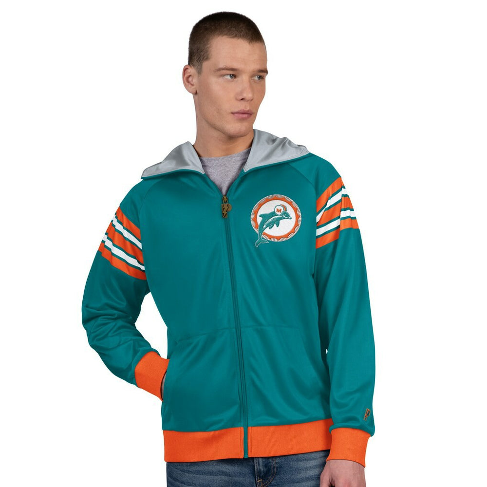 Miami Dolphins Pro Player Retro Helmet Full-Zip Hooded Track Jacket Aqua/Coral - NFL