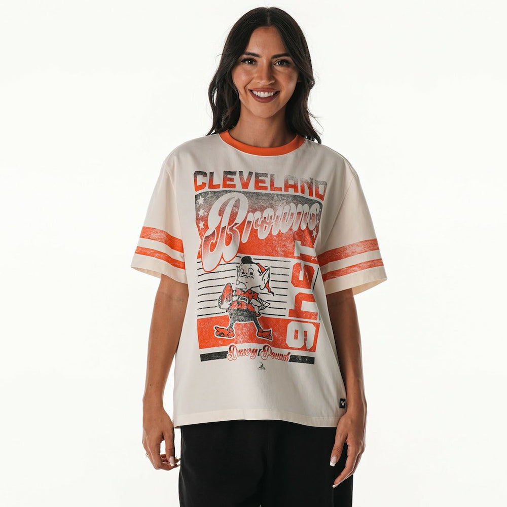 Cleveland Browns The Wild Collective Women's Vintage Drop Shoulder Oversized Boyfriend T-Shirt Cream - NFL