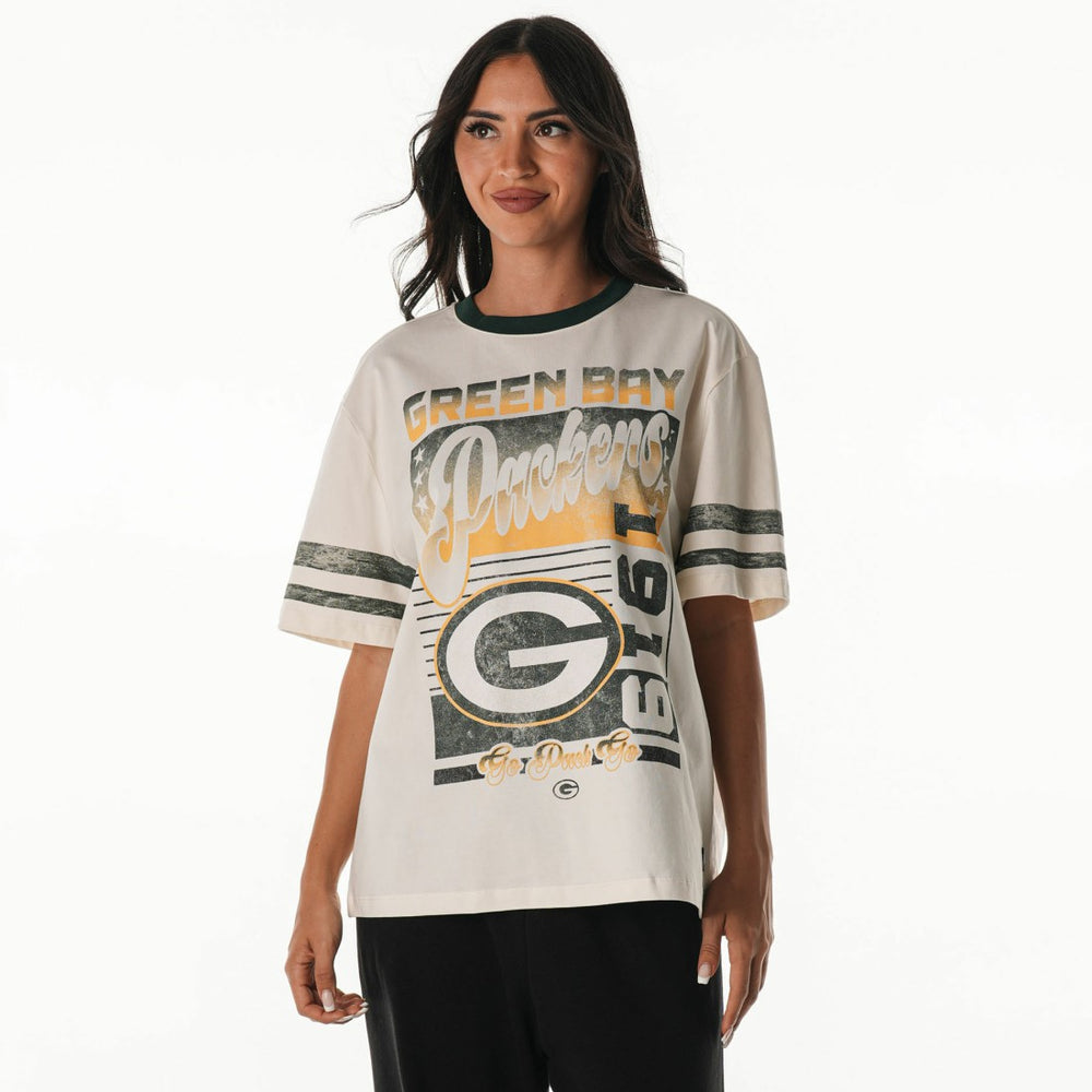 Green Bay Packers The Wild Collective Women's Vintage Drop Shoulder Oversized Boyfriend T-Shirt Cream - NFL