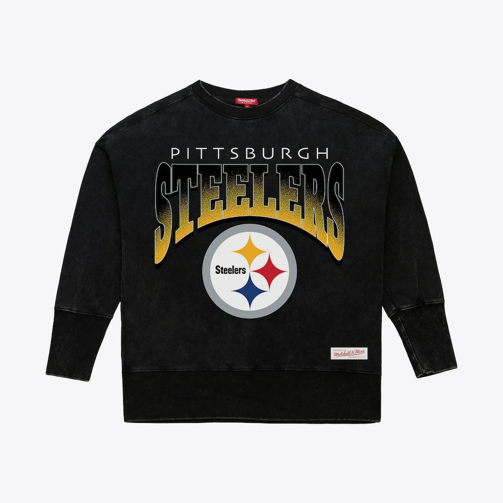 Pittsburgh Steelers Women's Delineate Mineral Wash Crewneck Sweatshirt Black - Mitchell & Ness