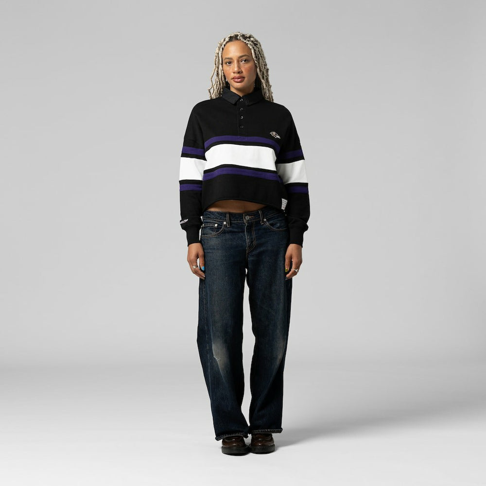 Baltimore Ravens Women's Cropped Long Sleeve Rugby Polo Black - Mitchell & Ness