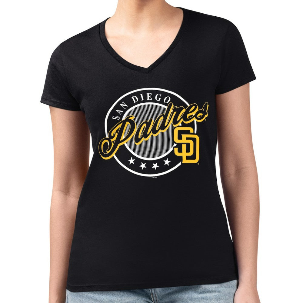 San Diego Padres G-III 4Her by Carl Banks Women's Super-Slim Fit Lightweight Pinstripe Circle V-Neck T-Shirt for sale