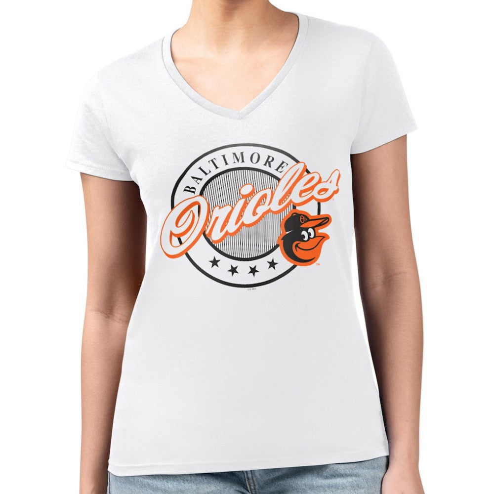 Baltimore Orioles G-III 4Her by Carl Banks Women's Super-Slim Fit Lightweight Pinstripe Circle V-Neck T-Shirt for sale