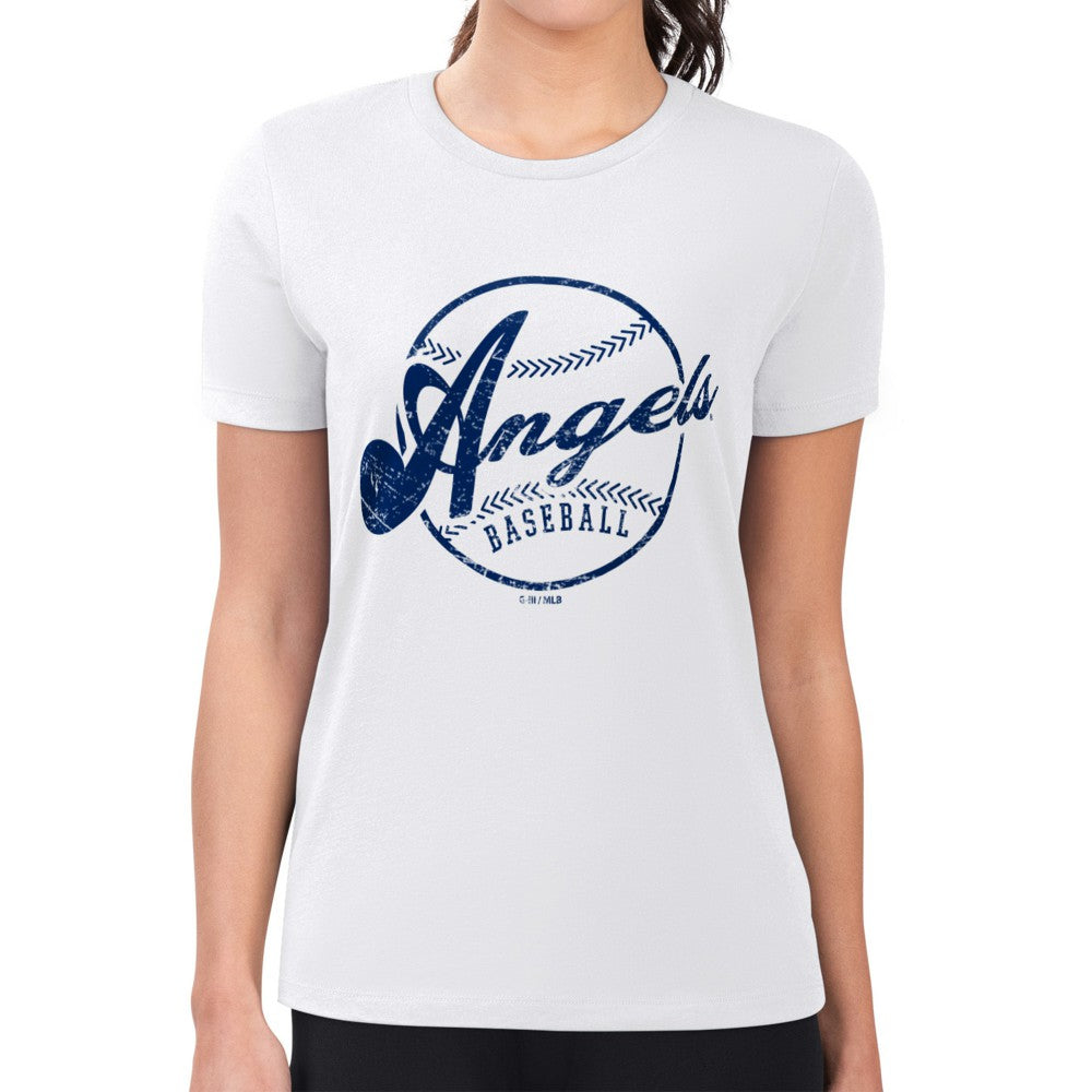 Los Angeles Angels G-III 4Her by Carl Banks Women's Super-Slim Fit Lightweight Distressed Baseball Team T-Shirt Sale