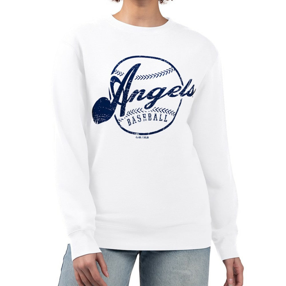 Los Angeles Angels G-III 4Her by Carl Banks Women's Distressed Baseball Team Fleece Pullover Sweatshirt On Sale