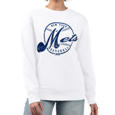 New York Mets G-III 4Her by Carl Banks Women's Distressed Baseball Team Fleece Pullover Sweatshirt On Sale