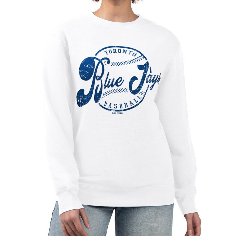 Toronto Blue Jays G-III 4Her by Carl Banks Women's Distressed Baseball Team Fleece Pullover Sweatshirt On Sale
